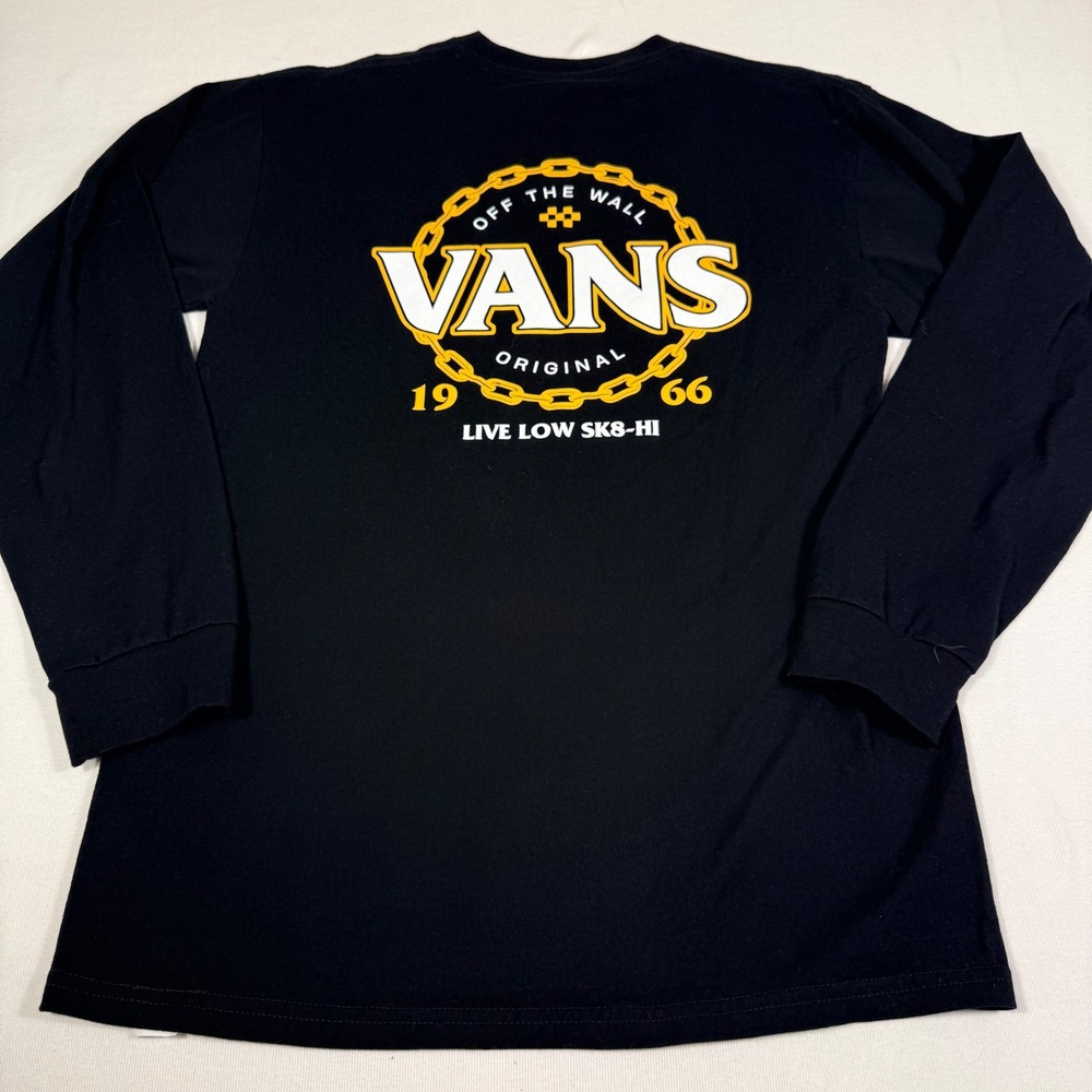 Vans Long Sleeve T-Shirt M Black Skater Graphic Off The Wall Sk8-Hi Logo Cotton